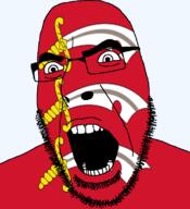 angry british england essex flag flag:essex glasses hair looking_to_the_left open_mouth soyjak stubble sword teeth thick_eyebrows united_kingdom variant:cobson // 721x789 // 148.1KB