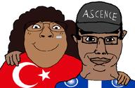 2soyjaks arm ascence_(user) blush brown_hair brown_skin cap chud chud_troon_alliance clothes curly_hair ear flag:quebec flag:quebec_india flag:transgender_pride_flag flag:turkiye glasses hair hand hat hugging lips looking_at_you meta:namefags mistymeow_(user) no_stubble nose series:trios_&_duos smile subvariant:bridget subvariant:chudjak_front text thick_eyebrows tranny variant:bernd variant:chudjak white_background wrinkles // 834x541 // 61.2KB
