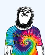 arm beard closed_mouth clothes glasses looking_down mustache rainbow serious_hat soyjak text tshirt variant:ignatius // 612x748 // 378.0KB