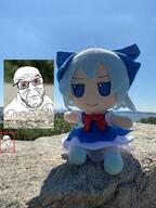 2soyjaks angry anime bloodshot_eyes blue_eyes blue_hair bowtie brown_eyes cirno dress frown fumo glasses hand irl revealed rock soyjak stubble touhou variant:feraljak video_game white_skin wrinkles zoom // 450x600 // 59.9KB