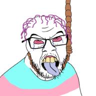 bloodshot_eyes clothes crying flag glasses hanging looking_up mustache open_mouth purple_hair rope soyjak stubble suicide tongue tranny variant:feraljak yellow_teeth // 1500x1500 // 44.4KB