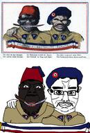 2soyjaks africa black_skin chud_troon_alliance closed_mouth clothes czechia ear france french_text friendship glasses hair hand hat holding_object knife mustache nazi_germany neger propaganda rhine soyjak stubble subvariant:chudjak_front variant:bernd variant:chudjak world_war_2 // 912x1342 // 1.3MB