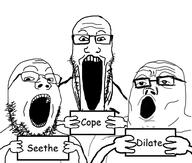 3soyjaks arm glasses hand holding_object open_mouth soyjak soyjak_trio stubble text variant:gapejak variant:markiplier_soyjak variant:tony_soprano_soyjak // 968x822 // 181.5KB