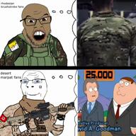 2soyjaks angry anime armband beard blue_eyes brown_eyes brown_skin camouflage edit family_guy firearm flag:mexico flag:nazi_germany flag:vatican_city gear glove grin gun holding_gun holding_object holding_rifle marine marpat military music phonk rhodesia rifle roblox smile smirk subvariant:nucob swastika tattoo tiktok united_states variant:cobson variant:feraljak video weapon // 1080x1080, 31.4s // 45.0MB