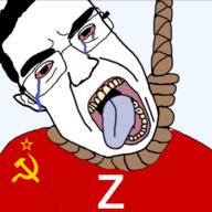 anhero bloodshot_eyes communism crying ear hair hammer_and_sickle hanging oink rope russia russo_ukrainian_war soviet_union subvariant:chudjak_front suicide variant:chudjak z_(russian_symbol) // 1300x1300 // 974.7KB