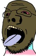 black_skin brown_troonjak distorted flag:transgender_pride_flag glasses meta:leaky open_mouth red_eyes stubble teeth tongue tranny variant:ross_scott yellow // 616x943 // 168.2KB