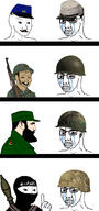 4soyjaks angry beard bloodshot_eyes camouflage civil_war clenched_teeth closed_mouth clothes confederate crying cuba erdl_pattern fidel_castro glasses gun hat helmet m1_helmet multicam mustache soyjak taliban terrorist union variant:chudjak variant:wojak vietnam vietnam_war vietnamese // 1920x4096 // 1.9MB