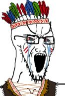 bloodshot_eyes clothes crying glasses hat large_eyebrows native_american open_mouth soyjak stretched_mouth stubble variant:soyak // 785x1150 // 269.4KB