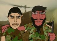 2soyjaks arm background bandana bayonet beard camouflage cap chud closed_mouth clothes colorful dogtag dogtags ear fist friendship glasses hand hat helicopter holding_knife holding_object huey knife military punisher_face red_skin smile soldier soyjak subvariant:science_lover uh-1_iroquois united_states_marine_corps variant:chudjak variant:markiplier_soyjak vietnam_war white_skin // 1459x1046 // 1.1MB