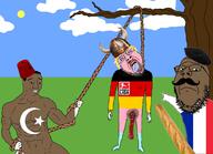 3soyjaks arm baguette beret blood bloodshot_eyes blue_eyes brown_skin buff closed_mouth clothes cloud crying drawn_background fez flag flag:france flag:germany france full_body germany glasses hair hand hanging hat helmet holding_object holding_rope horned_helmet islam lynching merge mustache neovagina open_mouth pointing rope smile soyjak stubble sun tongue tranny tree variant:bernd variant:chudjak variant:gapejak variant:two_pointing_soyjaks yellow_hair yellow_teeth // 2942x2126 // 1.2MB