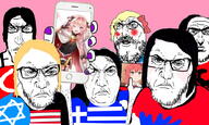 anime blush bow closed_mouth clothes country flag flag:greece flag:united_states frown glasses greece holding_object holding_phone iphone judaism multiple_soyjaks mustache phone punisher_face soyjak star_of_david stubble subvariant:phoneplier subvariant:phoneplier_vertical tranny variant:a24_slowburn_soyjak variant:alicia variant:feraljak variant:gapejak variant:markiplier_soyjak // 1024x612 // 399.3KB