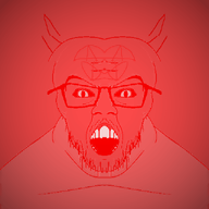 angry animated demon glasses green_eyes horn mirrored monster mustache open_mouth pentagram red_skin satanism soyjak star stubble variant:feraljak yellow_teeth // 640x640 // 8.7MB