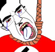animated bloodshot_eyes clothes crying glasses hair hanging mustache nazism open_mouth politics rope shaking soyjak subvariant:patrick suicide swastika tongue variant:chudjak yellow_teeth // 640x599 // 3.1MB