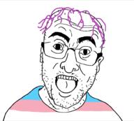 clothes ear flag glasses hair mustache open_mouth purple_hair soyjak stubble tongue tranny variant:unknown // 1000x900 // 50.4KB