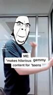 2soyjaks angry clothes froot froot_(user) glasses looking_at_you middle_finger orange_skin smile stubble subvariant:gapejak_front text tiktok tony_zaret variant:cobson variant:gapejak video // 480x852, 26.1s // 12.7MB