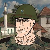 army blue_eyes bosnia bosniak bosnian bosnian_mujahideen bosnian_war brown_hair camouflage ginger_hair glasses hair helmet islam m81 soldier soyjak subvariant:perceptive_chud text variant:chudjak white_skin woodland // 2000x2000 // 450.6KB
