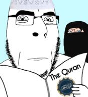 2soyjaks arab arabic arabic_text blue_eyes burqa closed_mouth glasses islam looking_at_you newspaper quran reading serious soyjak stubble subvariant:gapejak_female taqiyah variant:cobson variant:gapejak white_skin // 775x849 // 276.8KB