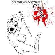 2soyjaks angry arm bbc blood bloodshot_eyes bwc comic_sans crying full_body glasses hair hand hanging holding_object holding_sword leg murder nazism open_mouth queen_of_spades rope soyjak stubble subvariant:patrick subvariant:pettygod swastika sword tattoo text tongue variant:chudjak variant:cobson weapon yellow_teeth // 2000x2000 // 492.8KB