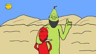 apple background bandana brown_skin closed_mouth crying desert execution full_body green_skin hand hands_up knife looking_at_you meta:tagme mucus muslimeen pear red_skin sad sky smile sun variant:gapejak // 2002x1121 // 280.5KB