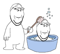 2soyjaks bald bath beard bubble forehead_lines full_body glasses grin holding_object meta:higher_resolution remastered smile stubble subvariant:wholesome_soyjak teeth variant:gapejak white_background wholesome // 1945x1751 // 37.1KB