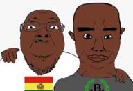 2soyjaks argentina biondini biondinism black_skin bolivia brown_skin chud closed_mouth clothes cringe flag glasses hand latino looking_at_you nacionalismo nazbol peronismo smile soyjak stubble subvariant:chudjak_front variant:bernd variant:chudjak // 608x419 // 100.7KB