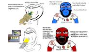 angry arm balding beard blue_skin butter calm closed_mouth clothes drinking drinking_straw fume glasses hair hand holding_object i_love oil open_mouth raw_egg_nationalist red_skin seed_oil smile soyjak stubble subvariant:science_lover subvariant:wholesome_soyjak text tshirt variant:gapejak variant:markiplier_soyjak // 1280x720 // 388.1KB