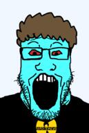 big_stalling bigman_(user) blue_skin clothes glasses hair open_mouth red_eyes soyjak stubble variant:markiplier_soyjak wu_tang_clan zoomer_hair // 596x884 // 26.3KB