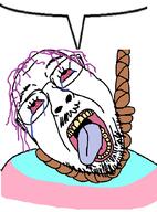 bloodshot_eyes crying dead flag glasses hair hanging mustache open_mouth purple_hair rope soyjak speech_bubble speech_bubble_empty stubble suicide template tongue tranny variant:bernd yellow_teeth // 768x1036 // 60.5KB