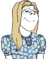 closed_mouth female glasses hair smile soyjak subvariant:gapejak_female trad_wife variant:gapejak yellow_hair // 734x913 // 689.1KB