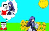 anime bald belly_button bernkastel blue_hair closed_eyes closed_mouth clothes crying drawn_background dress female glasses grass hair its_over lace laughing lemon multiple_soyjaks naked nazism nipple open_mouth pantless penis purple_eyes purple_hair sky smile stubble subvariant:chudjak_front subvariant:wholesome_soyjak sun swastika text thought_bubble tiny_lemon_pecker tlp twp umineko variant:chudjak variant:gapejak variant:nojak video_game white_skin yellow_skin // 1400x900 // 622.3KB