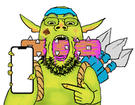 goblin gore green_skin holding_phone spear subvariant:gapejak_front yellow_eye yellow_teeth // 900x700 // 314.5KB