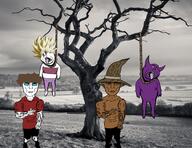 4soyjaks brown_hair brown_skin buff closed_mouth clothes ear full_body glasses hair hanging hat horn merge open_mouth pointy_ears purple_skin redraw rope soyjak stubble subvariant:brunetto subvariant:chudjak_front subvariant:unbotheredchud tongue tree variant:chudjak variant:impish_soyak_ears yellow_hair // 648x500 // 471.7KB