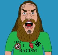 1488 angry arm aryan beard brown_hair clothes hair happy_merchant i_love indo_european jimmy_davis judaism mustache nazism no_symbol open_mouth racism soy_parody soyjak subvariant:science_lover swastika tshirt variant:markiplier_soyjak youtuber // 384x361 // 26.2KB