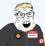 JonathanJew_(User) NathanielNazi_(user) armband artist:H3K artist:toniylijani aryan austria award button eyebrows eyes eyes_like_the_o-o-cean glasses hair hello_my_name_is_(sticker) leather_jacket nazism open_mouth pocket series:nonexistant_namefags soybooru stubble subvariant:feralaryan swastika variant:feraljak wrinkles yellow_hair // 1087x1092 // 55.1KB