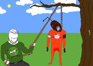 2soyjaks amphibian antenna belt black_lives_matter bloodshot_eyes buff clothes crying flag frenschan frog full_body glasses hanging holding_object holding_rope lynching mustache nas:pepe pepe_the_frog reddit rope soyjak subnas:apu subvariant:wholesome_soyjak tranny tree variant:bernd variant:gapejak // 2100x1500 // 233.6KB