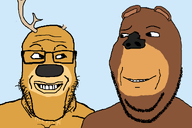 2soyjaks animal animal_ears animal_nose are_you_soying_what_im_soying bald bear boog deer elliot forehead_lines horn looking_at_each_other open_season skin_color smile stubble subvariant:wholesome_soyjak teeth variant:gapejak variant:markiplier_soyjak // 1200x800 // 84.0KB