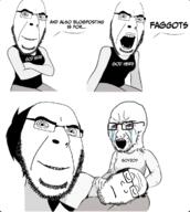 black_shirt blogposting closed_mouth crying faggot glasses god hair head_in_lap open_mouth smile soyjak stubble text variant:cobson variant:markiplier_soyjak variant:soyak // 1081x1210 // 659.8KB