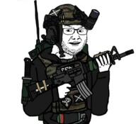 arm armor clothes firearm glasses gun hand hat holding_gun holding_object holding_rifle rifle soyjak stubble variant:logjak weapon // 759x691 // 371.2KB