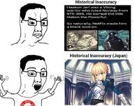 2soyjaks anime armor black_skin fate_grand_order fate_stay_night female green_eyes history japan medieval netflix norway place_japan pol_(4chan) saber text variant:chudjak viking yellow_hair // 1024x812 // 192.6KB