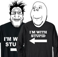 2soyjaks are_you_soying_what_im_soying arm arrow clothes glasses hair im_with_stupid looking_at_each_other smirk soyjak stubble subvariant:wholesome_soyjak tshirt variant:gapejak variant:markiplier_soyjak // 996x976 // 166.7KB