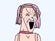bloodshot_eyes crying ear hair jojos_bizarre_adventure large_eyebrows open_mouth pink_eyes pink_hair redraw soyjak stretched_mouth sugimoto_reimi variant:soyak white_skin // 4032x3024 // 887.3KB