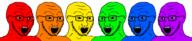 blue_skin glasses green_skin multiple_soyjaks open_mouth orange_skin purple_skin rainbow red_skin soyjak stubble variant:soyak yellow_skin // 3597x776 // 72.5KB