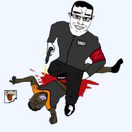 ack anonigger armband bisected black_pants black_shoes blood blood_splatter blood_spray bloodshot_eyes boorucuck brown_skin bullet crying death dismemberment execution firearm grey_shirt gun holding_gun holding_object holding_pistol looking_at_you murder mutilation muzzle_flash orange_shirt paper pistol pool_of_blood smile stomp subvariant:mexiaryan tongue tongue_out transparent_background trend:slopjak variant:bernd variant:chudjak variant:meximutt warrior-z_(user) yellow_teeth z-man // 1000x1000 // 47.0KB