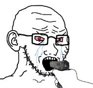 arm bloodshot_eyes crying ear glasses gun hand open_mouth pointing soyjak stubble subvariant:crying_soyak_ears2 suicide variant:soyak // 850x800 // 50.4KB