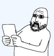 black_sclera fat gape gaping_mouth glasses holding_object holding_phone man_tits mouth_open nuvariant soyjak stubble subvariant:doctos surprised variant:firstjak // 427x449 // 11.8KB