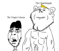 2soyjaks arm chad chad_thundercock closed_mouth ear full_body glasses hair naked nsfw open_mouth penis redraw smile soyjak stubble text variant:impish_soyak_ears virgin virgin_vs_chad yellow_hair // 1700x1470 // 29.9KB