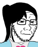 class_of_09 clothes disappointed female glasses hair hair_over_eyes heart jacket looking_down nicole sad soyjak stubble variant:soyak // 644x800 // 14.8KB