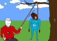2soyjaks arm belt black_skin bloodshot_eyes china closed_mouth clothes cloud cockroach crying drawn_background full_body glasses hand hanging holding_object holding_rope lynching rope smile soyjak stubble subvariant:wholesome_soyjak sun tongue tranny tree turk uyghur variant:bernd variant:gapejak yellow_teeth // 2048x1463 // 1.3MB