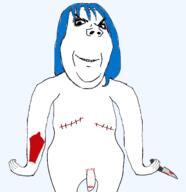 arm blue_hair closed_mouth evil frankenpenis ftm hair hand holding_knife holding_object knife masectomy_scars nsfw penis scar smile soyjak stitches tranny variant:gapejak // 1356x1403 // 251.5KB