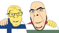 2soyjaks blue_eyes finland flag:finland flag:hungary friendship glasses hand happy hungary looking_at_you no_more_brother_wars slant_eyes smile soyjak stubble variant:cobson variant:feraljak yellow_skin // 1920x1080 // 330.7KB